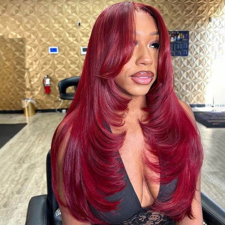 eullair Burgundy Red Straight Wig with Curtain Bangs Glueless Layered Cut Human Hair Lace Frontal Wig