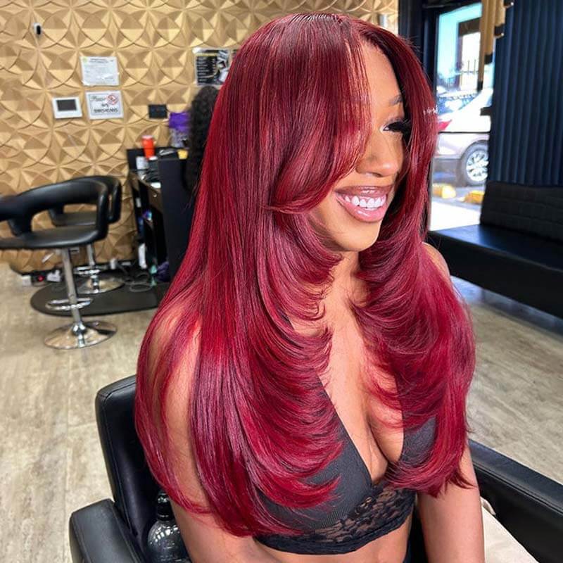 eullair Burgundy Red Straight Wig with Curtain Bangs Glueless Layered Cut Human Hair Lace Frontal Wig