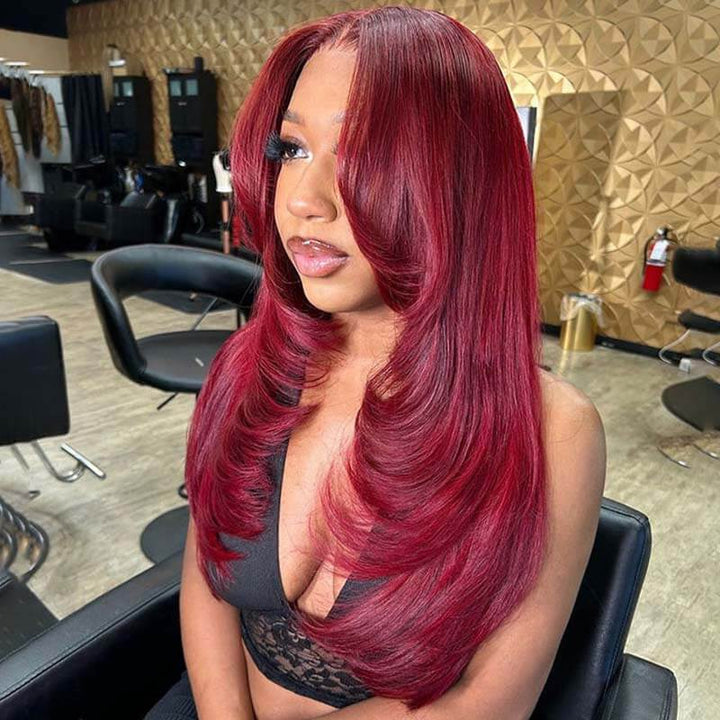 eullair Burgundy Red Straight Wig with Curtain Bangs Glueless Layered Cut Human Hair Lace Frontal Wig