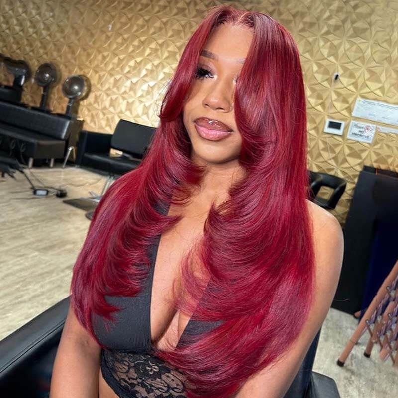 eullair Burgundy Red Straight Wig with Curtain Bangs Glueless Layered Cut Human Hair Lace Frontal Wig