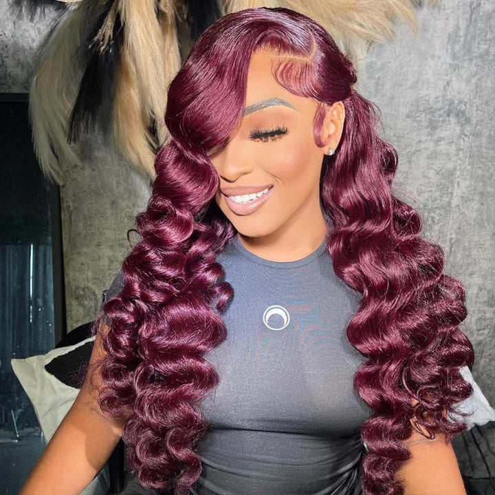 eullair Pre Colored Dark #99J Burgundy Loose Deep Wave Human Hair Frontal Wig | Perfect Color