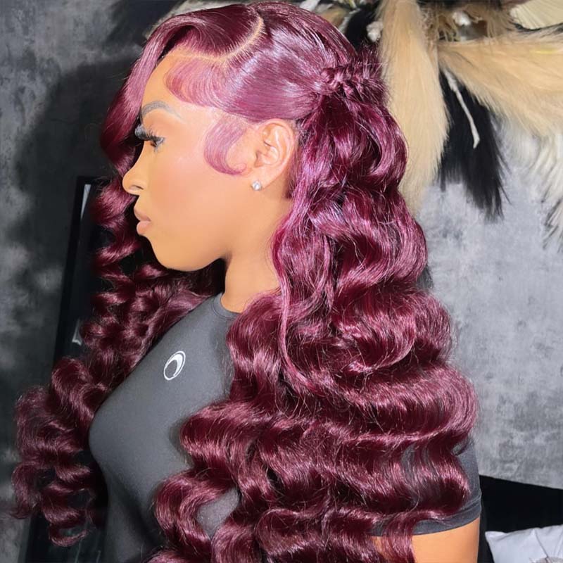 eullair Pre Colored Dark #99J Burgundy Loose Deep Wave Human Hair Frontal Wig | Perfect Color