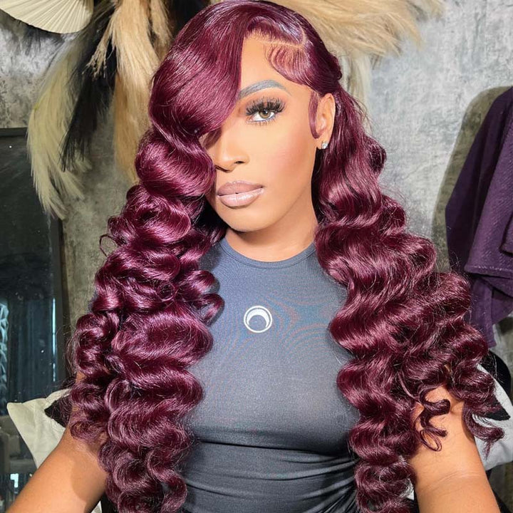 eullair Pre Colored Dark #99J Burgundy Loose Deep Wave Human Hair Frontal Wig | Perfect Color