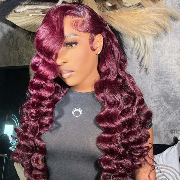 eullair Pre Colored Dark #99J Burgundy Loose Deep Wave Human Hair Frontal Wig | Perfect Color