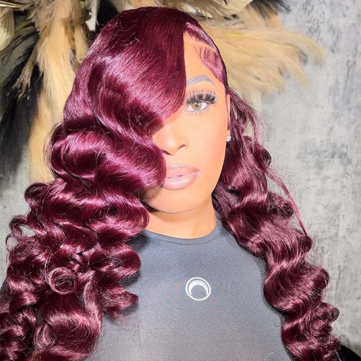 eullair Pre Colored Dark #99J Burgundy Loose Deep Wave Human Hair Frontal Wig | Perfect Color