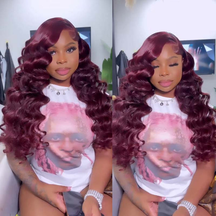 eullair Dark Burgundy Body Wave Wavy Lace Frontal Wig Affordable Auburn Brown Glueless Human Hair Wig