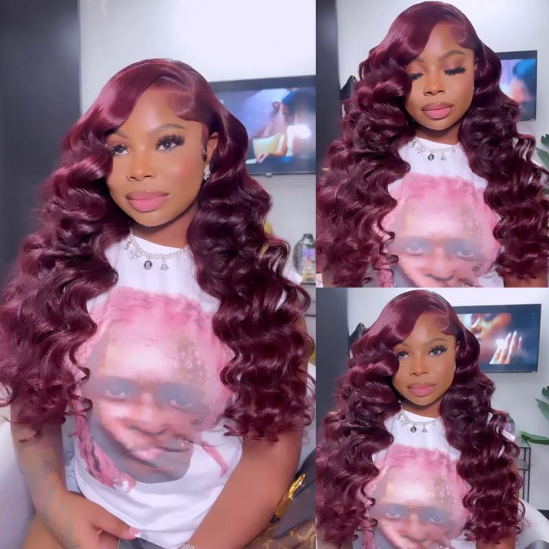 eullair Dark Burgundy Body Wave Wavy Lace Frontal Wig Affordable Auburn Brown Glueless Human Hair Wig