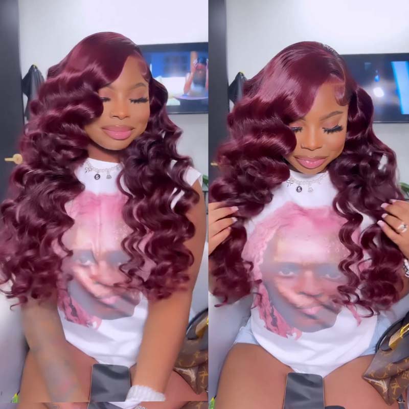 eullair Dark Burgundy Body Wave Wavy Lace Frontal Wig Affordable Auburn Brown Glueless Human Hair Wig