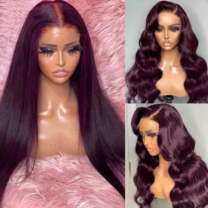 eullair Gluelesss Dark Purple Plum Color Straight Human Hair Wig Body Wave Lace Frontal Wigs For Women