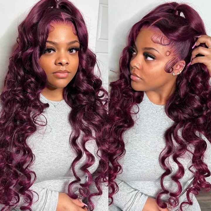 eullair Gluelesss Dark Purple Plum Color Straight Human Hair Wig Body Wave Lace Frontal Wigs For Women