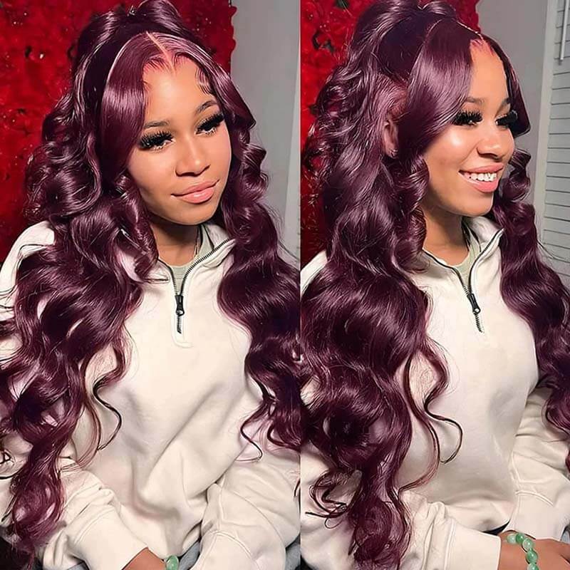 eullair Gluelesss Dark Purple Plum Color Straight Human Hair Wig Body Wave Lace Frontal Wigs For Women