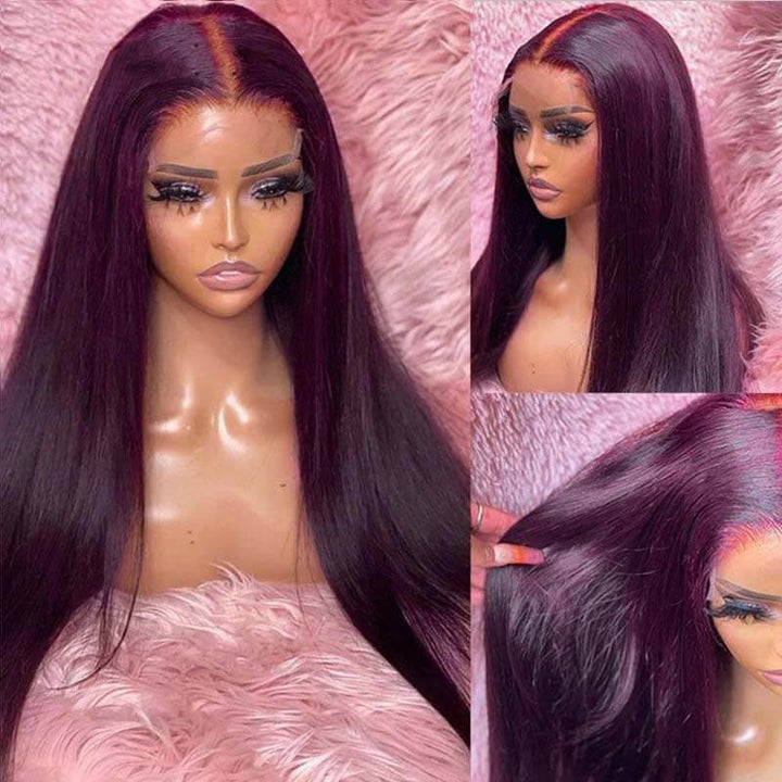 eullair Gluelesss Dark Purple Plum Color Straight Human Hair Wig Body Wave Lace Frontal Wigs For Women