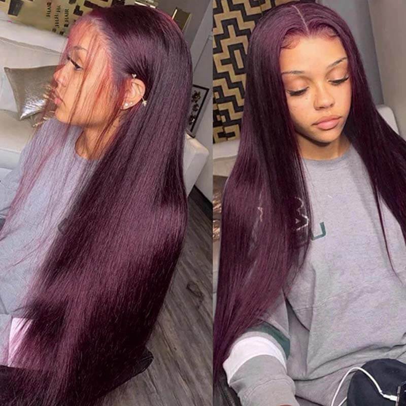 eullair Gluelesss Dark Purple Plum Color Straight Human Hair Wig Body Wave Lace Frontal Wigs For Women