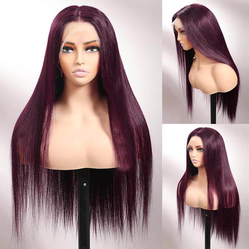 eullair Gluelesss Dark Purple Plum Color Straight Human Hair Wig Body Wave Lace Frontal Wigs For Women