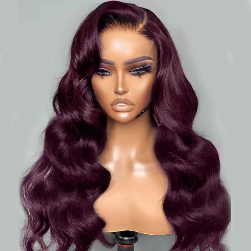 eullair Gluelesss Dark Purple Plum Color Straight Human Hair Wig Body Wave Lace Frontal Wigs For Women