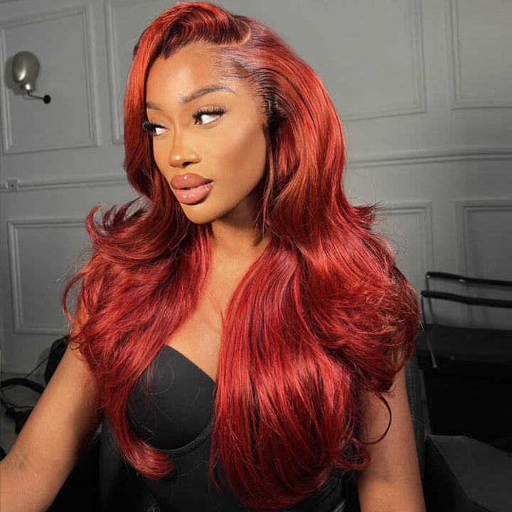 eullair New Jessica Rabbit Cooper Red Color Body Wave Human Hair Lace Frontal Wig with Layered Haircut Wavy and Dark Roots