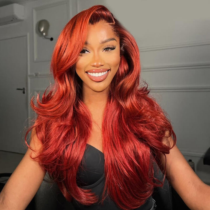 eullair New Jessica Rabbit Cooper Red Color Body Wave Human Hair Lace Frontal Wig with Layered Haircut Wavy and Dark Roots