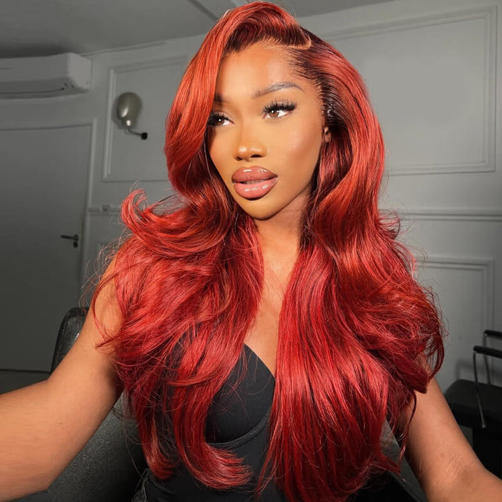 eullair New Jessica Rabbit Cooper Red Color Body Wave Human Hair Lace Frontal Wig with Layered Haircut Wavy and Dark Roots