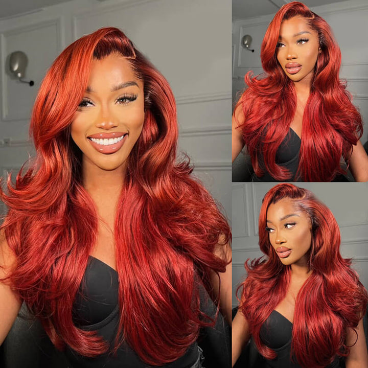 eullair New Jessica Rabbit Cooper Red Color Body Wave Human Hair Lace Frontal Wig with Layered Haircut Wavy and Dark Roots