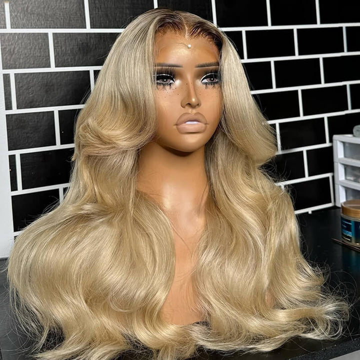 eullair Ash Blonde Body Wave Human Hair 13x4 Lace Frontal Wig With Dark Roots For Black Women