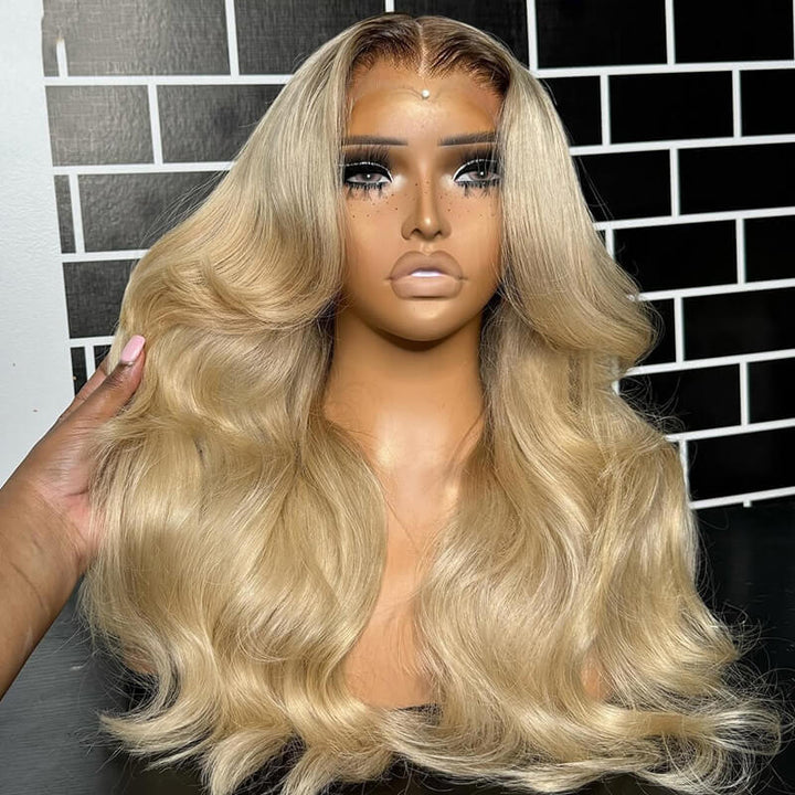 eullair Ash Blonde Body Wave Human Hair 13x4 Lace Frontal Wig With Dark Roots For Black Women