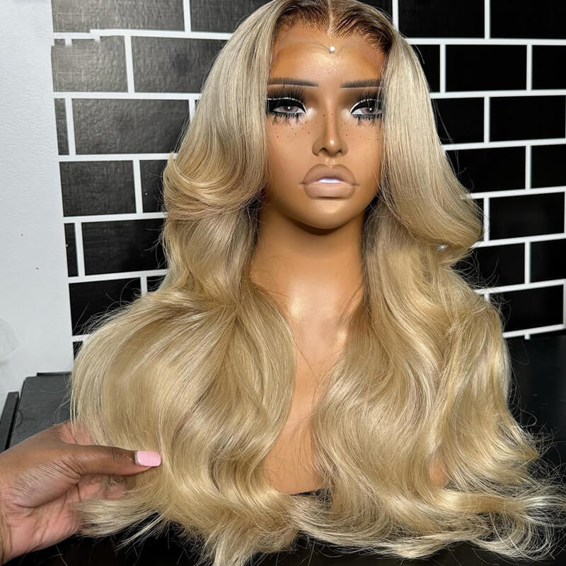 eullair Ash Blonde Body Wave Human Hair 13x4 Lace Frontal Wig With Dark Roots For Black Women