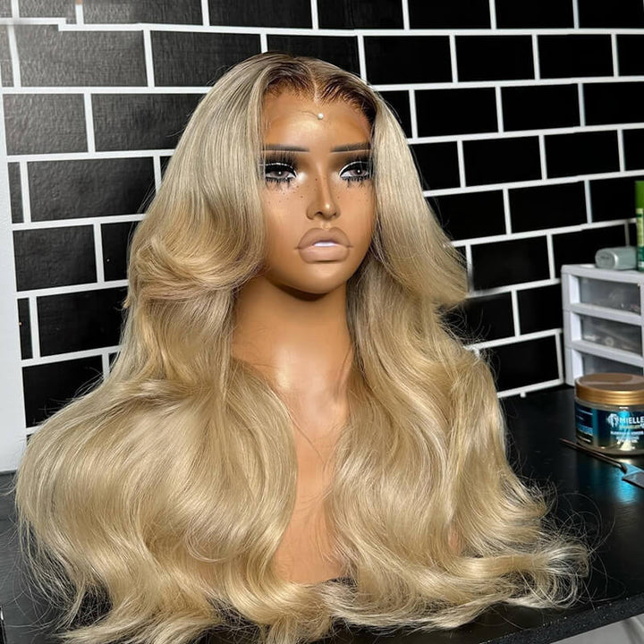 eullair Ash Blonde Body Wave Human Hair 13x4 Lace Frontal Wig With Dark Roots For Black Women