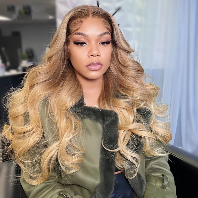 eullair Honey Blonde Body Wave 13x4 Lace Frontal Human Hair Wig With Dark Roots For Black Women