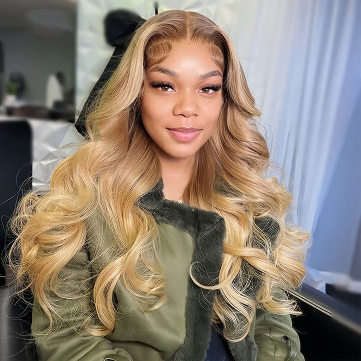 eullair Honey Blonde Body Wave 13x4 Lace Frontal Human Hair Wig With Dark Roots For Black Women