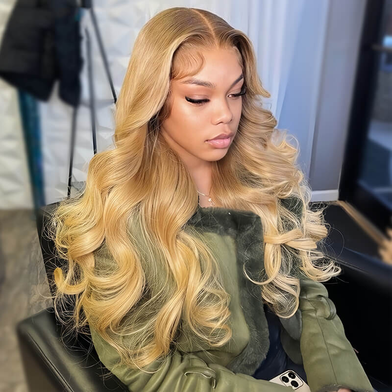 eullair Honey Blonde Body Wave 13x4 Lace Frontal Human Hair Wig With Dark Roots For Black Women