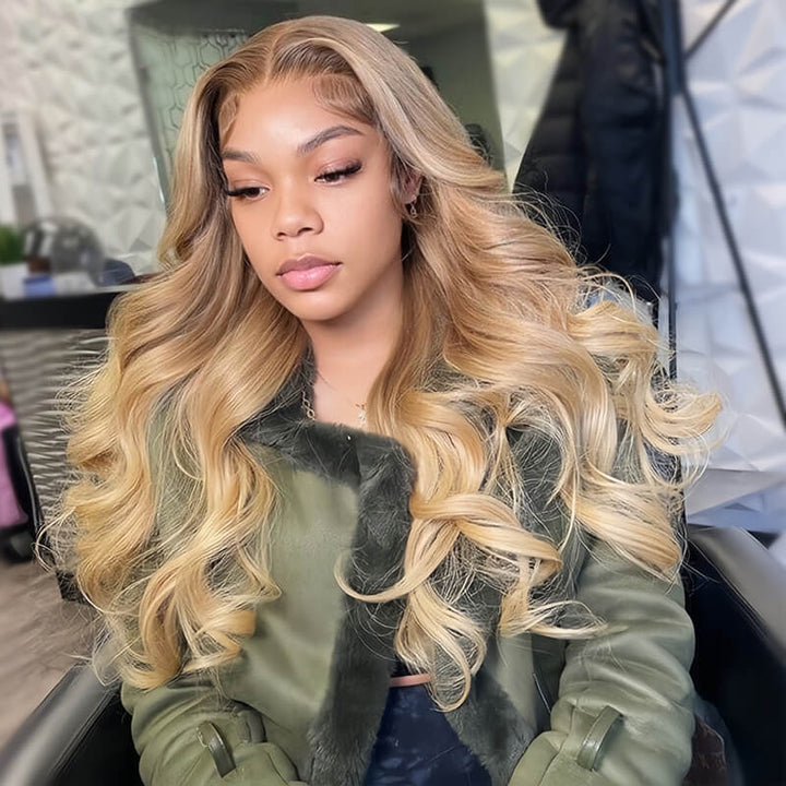 eullair Honey Blonde Body Wave 13x4 Lace Frontal Human Hair Wig With Dark Roots For Black Women