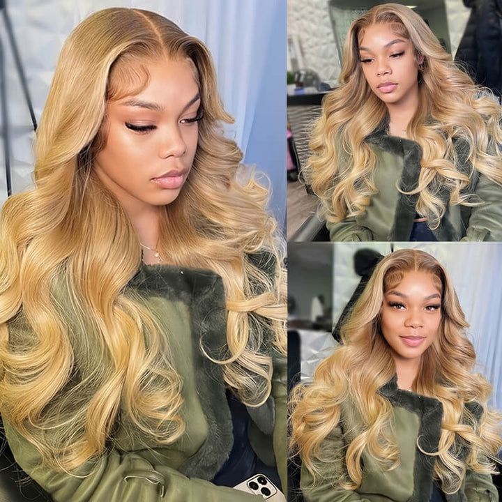 eullair Honey Blonde Body Wave 13x4 Lace Frontal Human Hair Wig With Dark Roots For Black Women