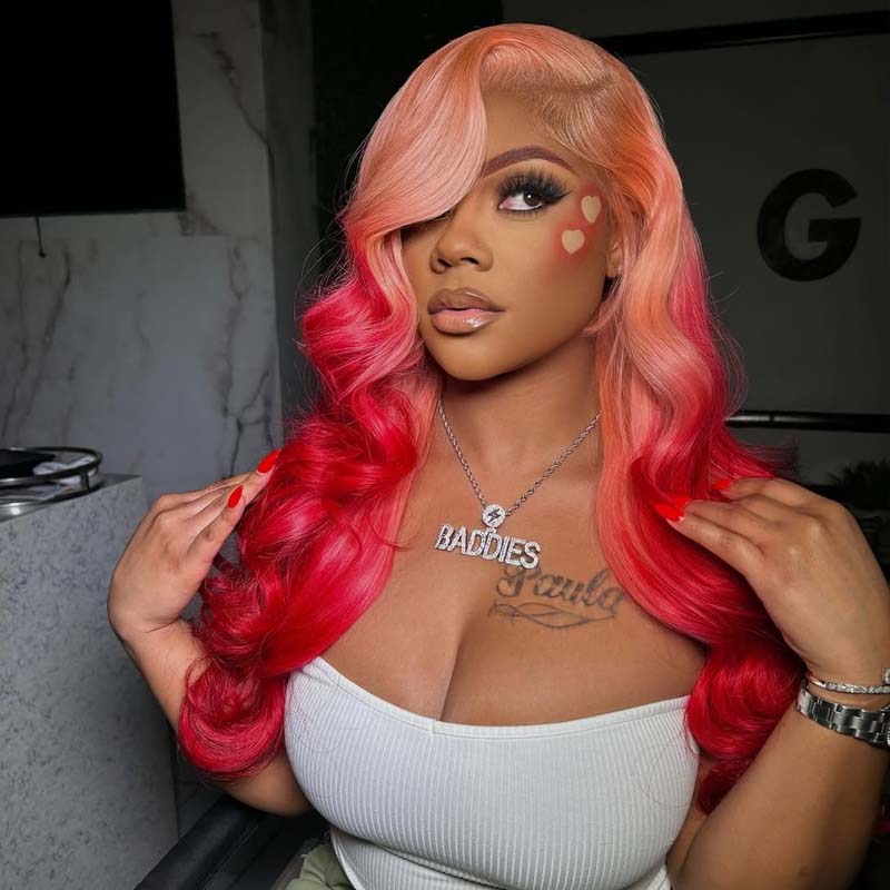 eullair Barbie Style Ombre Pink Red Body Wave Lace Frontal Wig Two Tones Human Hair Lace Wigs For Women