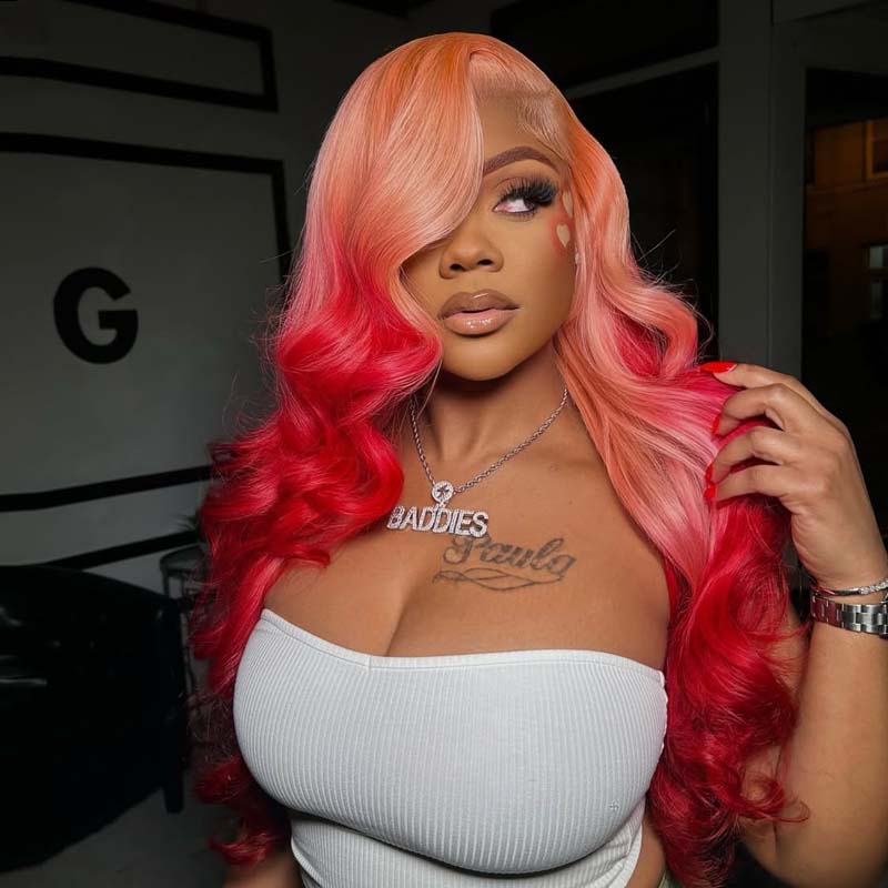 eullair Barbie Style Ombre Pink Red Body Wave Lace Frontal Wig Two Tones Human Hair Lace Wigs For Women