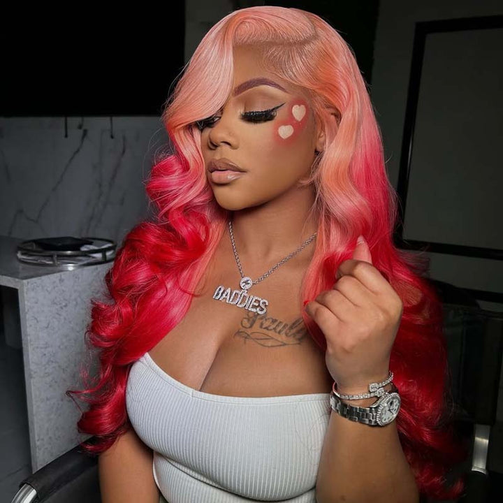 eullair Barbie Style Ombre Pink Red Body Wave Lace Frontal Wig Two Tones Human Hair Lace Wigs For Women