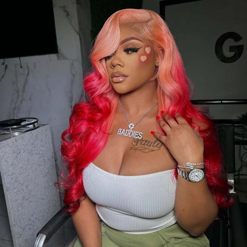 eullair Barbie Style Ombre Pink Red Body Wave Lace Frontal Wig Two Tones Human Hair Lace Wigs For Women