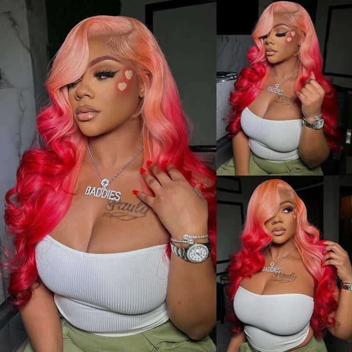 eullair Barbie Style Ombre Pink Red Body Wave Lace Frontal Wig Two Tones Human Hair Lace Wigs For Women