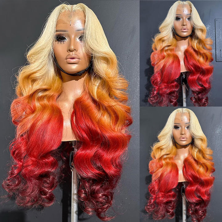 eullair Ombre Blonde Ginger Red Brown Human Hair Body Wave 13x4 Lace Frontal Wig For Black Women