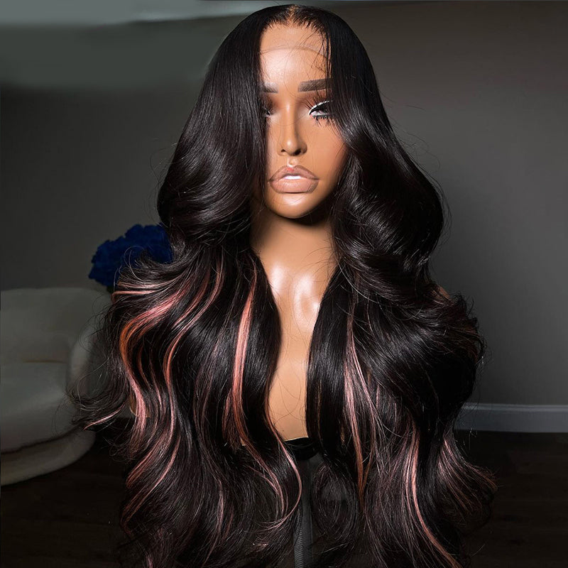 eullair Body Wave Human Hair Wig With Inner Pink Highlights Glueless Lace Frontal Human Hair Wig