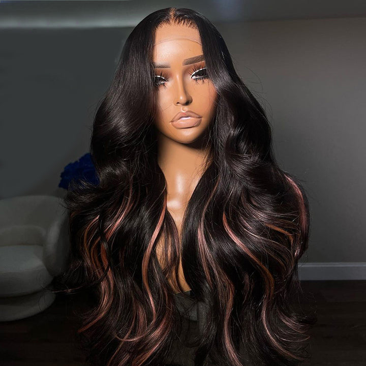 eullair Body Wave Human Hair Wig With Inner Pink Highlights Glueless Lace Frontal Human Hair Wig