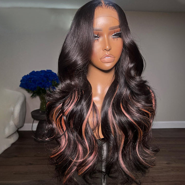 eullair Body Wave Human Hair Wig With Inner Pink Highlights Glueless Lace Frontal Human Hair Wig