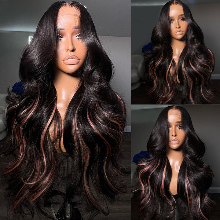 eullair Body Wave Human Hair Wig With Inner Pink Highlights Glueless Lace Frontal Human Hair Wig