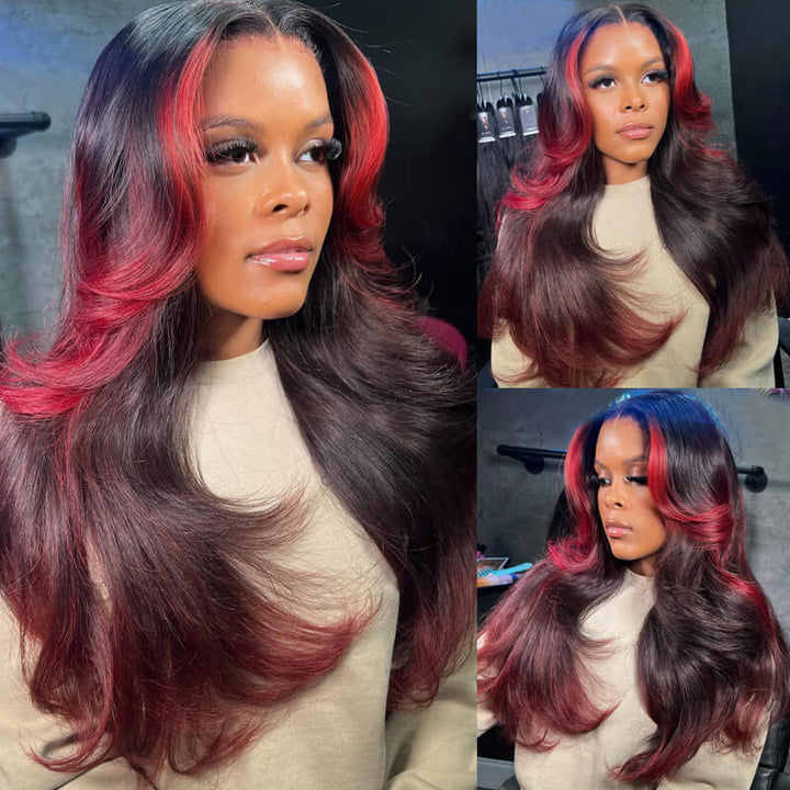 eullair Ombre Burgundy Red Body Wave with Layered Butterfly Skunk Stripe Wig Transparent Lace Frontal Human Hair Wig