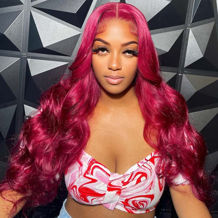 eullair Burgundy Red Body Wave with Layered Cut Curtain Bangs Wig Human Hair Glulesss Lace Frontal Wig