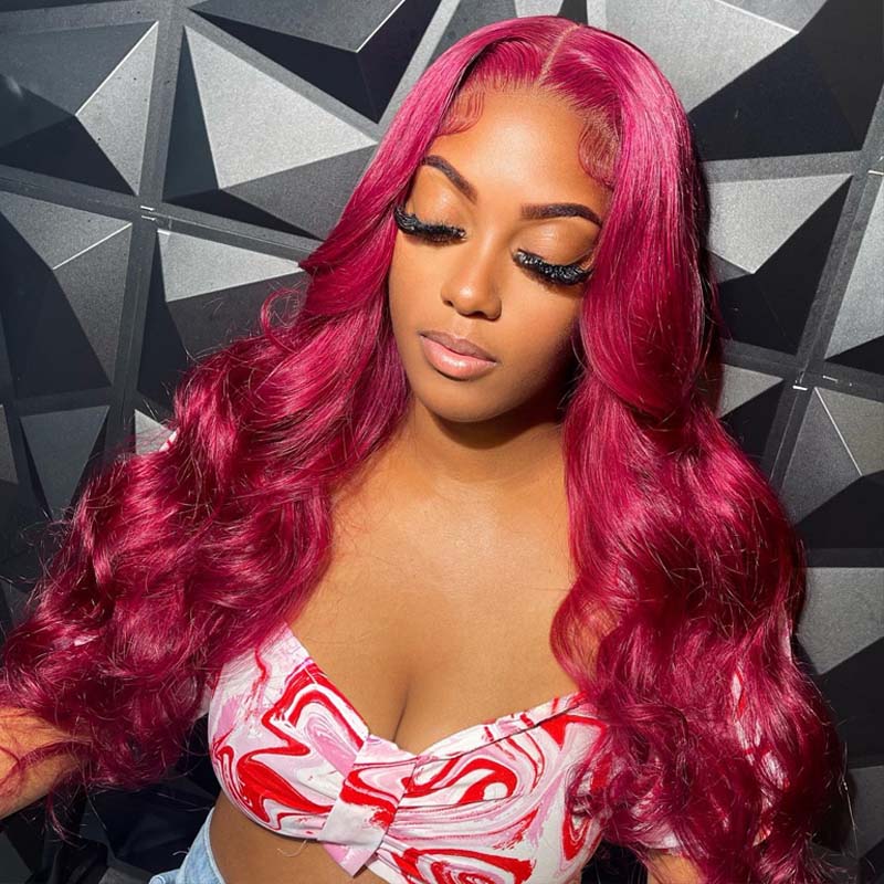 eullair Burgundy Red Body Wave with Layered Cut Curtain Bangs Wig Human Hair Glulesss Lace Frontal Wig