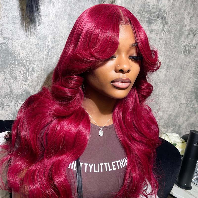 eullair Burgundy Red Body Wave with Layered Cut Curtain Bangs Wig Human Hair Glulesss Lace Frontal Wig