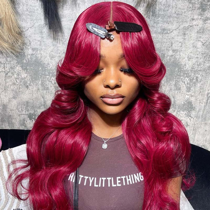 eullair Burgundy Red Body Wave with Layered Cut Curtain Bangs Wig Human Hair Glulesss Lace Frontal Wig