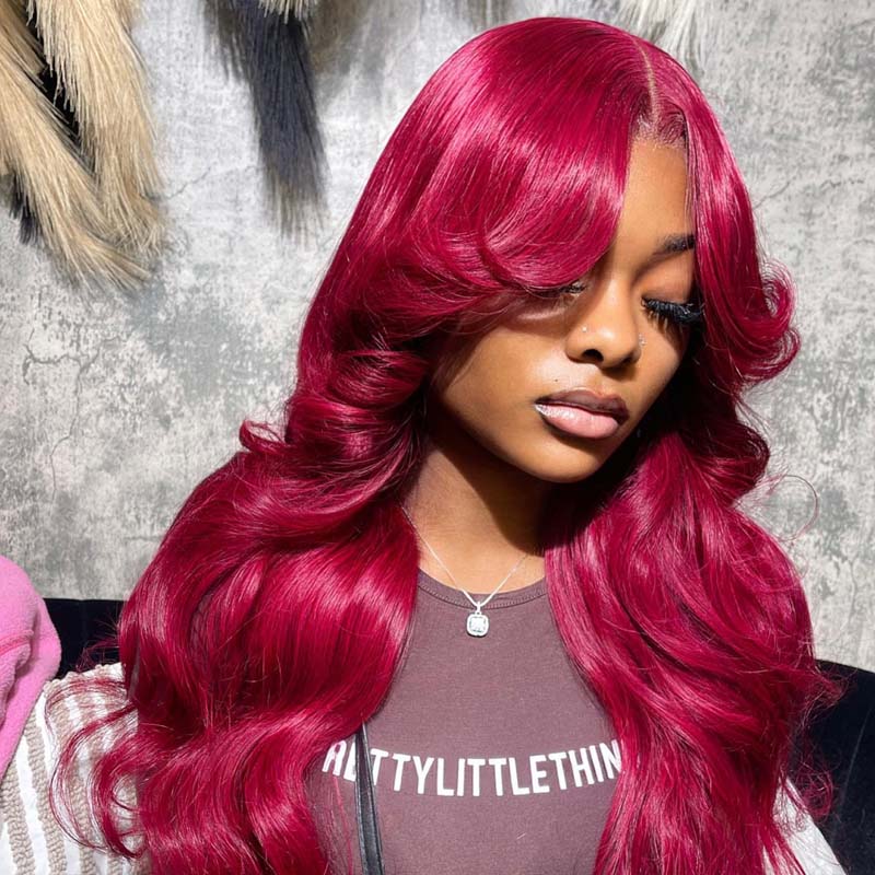 eullair Burgundy Red Body Wave with Layered Cut Curtain Bangs Wig Human Hair Glulesss Lace Frontal Wig