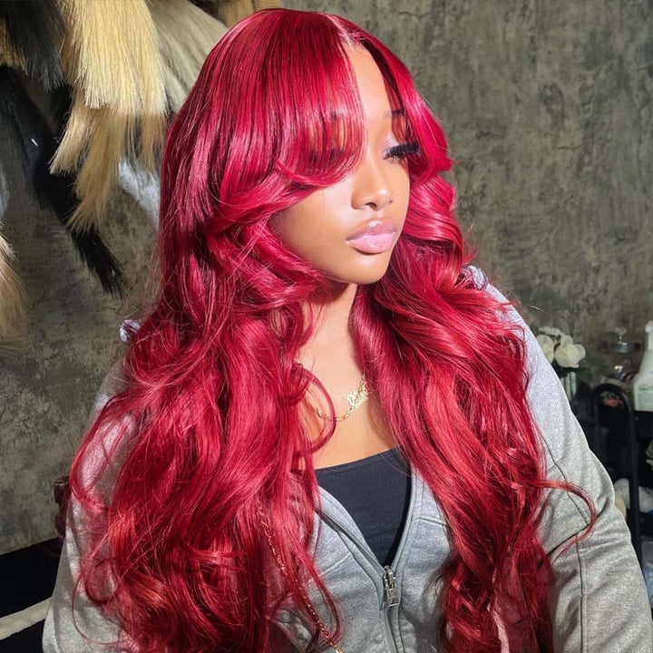 eullair Burgundy Red Body Wave with Layered Cut Curtain Bangs Wig Human Hair Glulesss Lace Frontal Wig