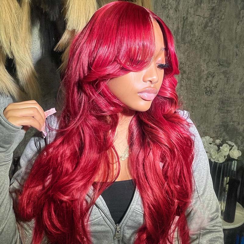 eullair Burgundy Red Body Wave with Layered Cut Curtain Bangs Wig Human Hair Glulesss Lace Frontal Wig